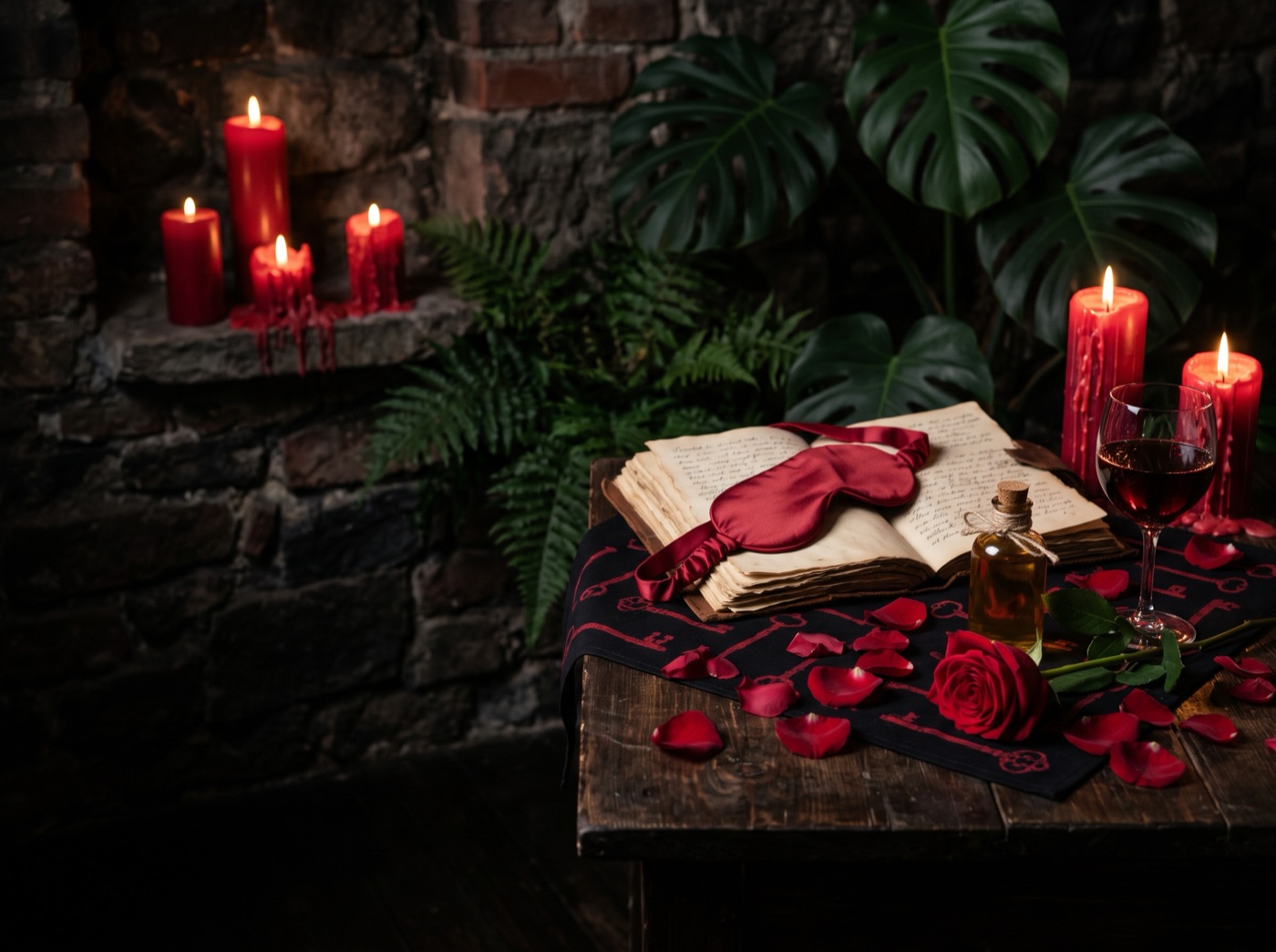 Libro abierto con antifaz de seda roja, aceite, vino y pétalos de rosa