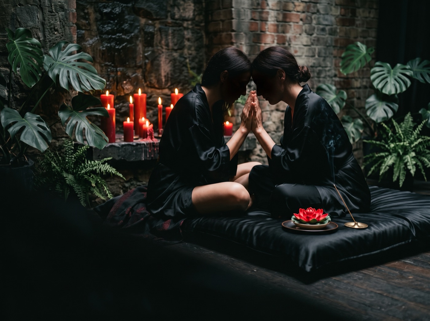 Pareja en bata de seda frente a frente con las manos unidas, a la luz de las velas