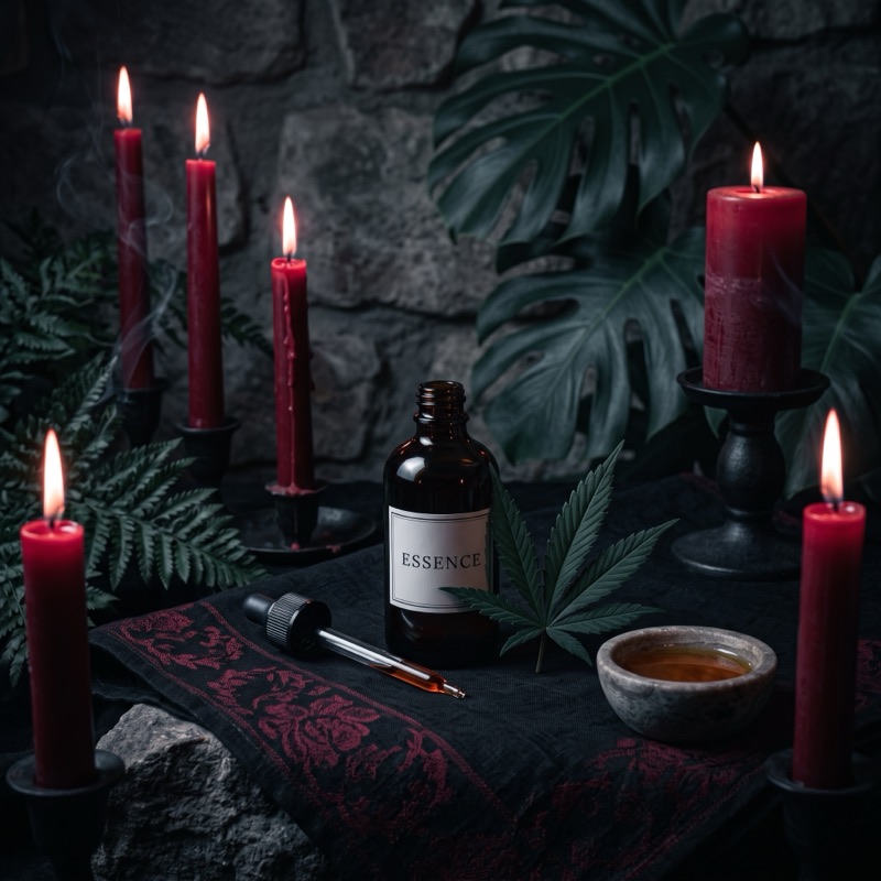 Frasco de aceite con hoja de cannabis entre velas