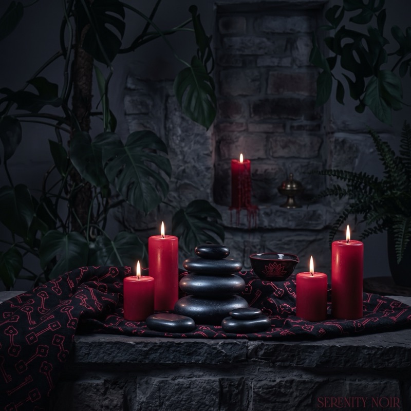 Piedras volcánicas apiladas entre velas rojas