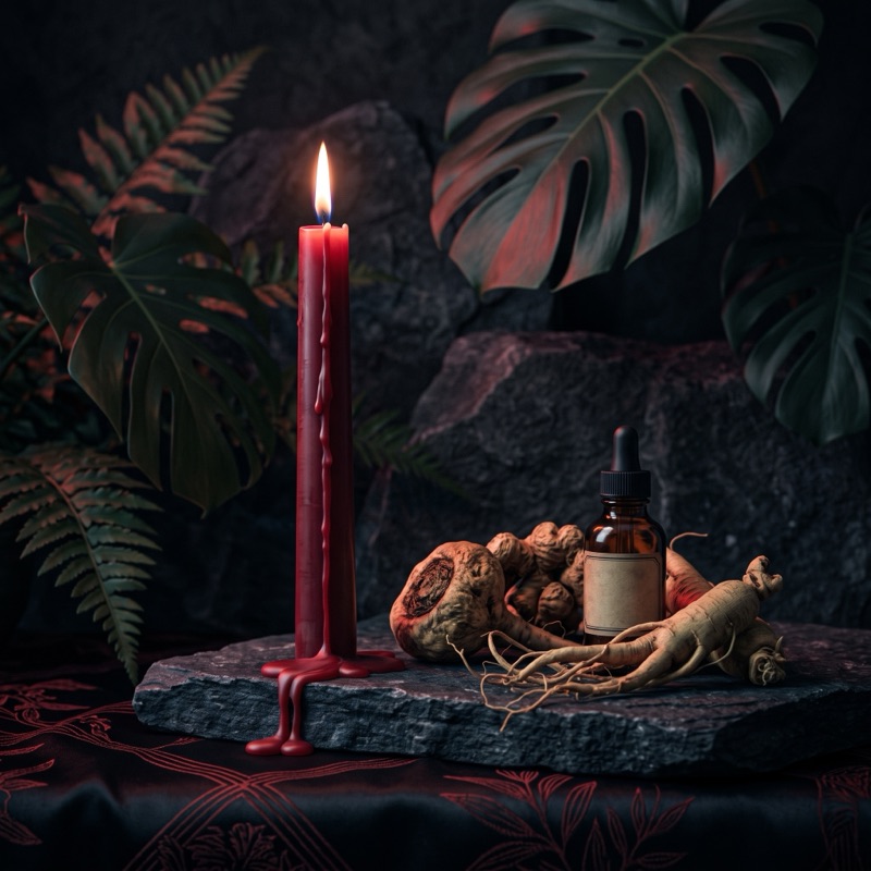 Vela roja encendida junto a raíces de maca y ginseng